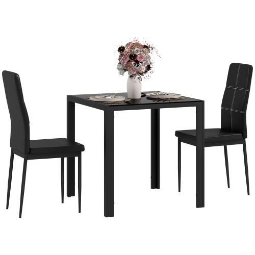 HOMCOM  Dining Table Set for 2, 3-Piece Rectangular Glass Kitchen Table And Chairs \w Metal Frame And Faux Leather Upholstery for Dining Room, Living