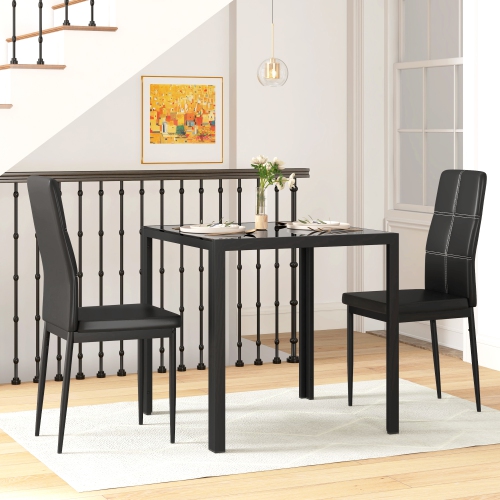 HOMCOM Dining Table Set for 2, 3-Piece Rectangular Glass Kitchen Table and Chairs with Metal Frame and Faux Leather Upholstery for Dining Room,