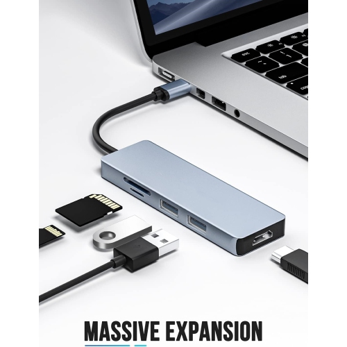 USB C Hub HDMI 4K-6 in 1, Space Aluminum USB C Hub Adapter with 2 USB 3.0, SD/TF, for iPad Pro/MacBook Pro/Air M1, Windows, Dell