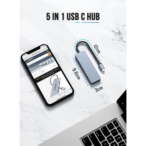 USB C Hub HDMI 4K-6 in 1, Space Aluminum USB C Hub Adapter with 2 USB 3.0, SD/TF, for iPad Pro/MacBook Pro/Air M1, Windows, Dell