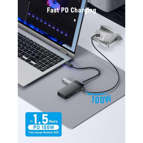 Docking Station Dual Monitor - 6 in 1 USB C Hub w/ 4K HDMI * 2, 5Gbps USB 3.0 * 1, USB 2.0 * 2, USB C PD 100W Fast Charging - Plug and Play for