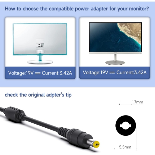 19V Adapter Power Cord for Acer LCD Monitor H236HL SA230 G276HL G246HL G206HQL S271HL S240HL G236HL S220HQL S242HL G226HQL S202HL S230HL G237HL