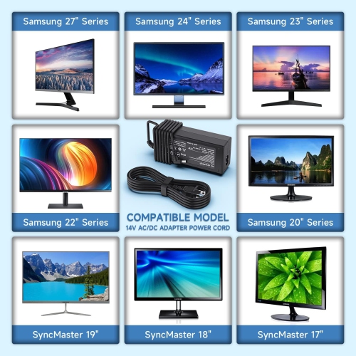 14V Power Cord for Samsung Monitor 15 17 18 19 20 22 23 24 27, Samsung SyncMaster S22C300H P2770 SA350 UE590 S27D360H UN22F5000AF S27B350H S27E390H