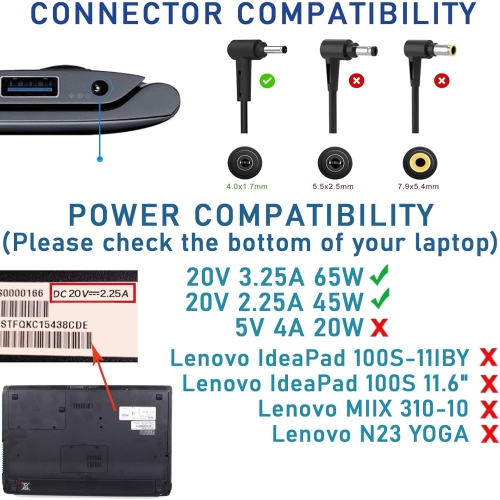 ［4.0 * 1.7 MM］65W 20V 3.25A Adapter Charger for Lenovo IdeaPad 100S,110,120,120S,130,310,320,330,510S,510,530S,S145 S340,B50-10,B50-50,Yoga