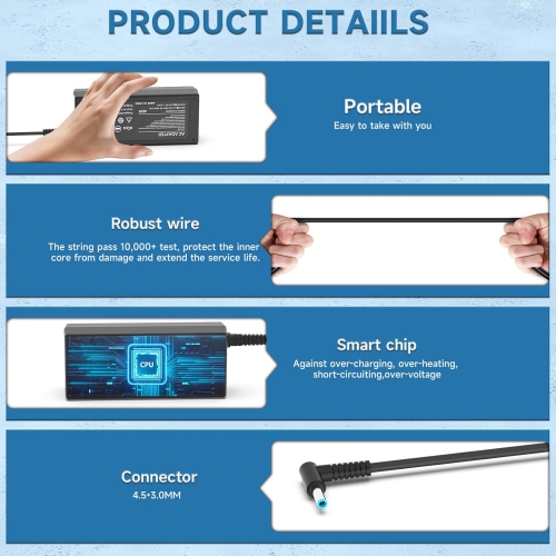 HP 45W Laptop Charger for Hp Stream 11 13 14, Pavilion x360 11 13, Envy x360 x2 13 15, EliteBook, Probook, Spectre AC Adapter Power Supply Cord 19.5V