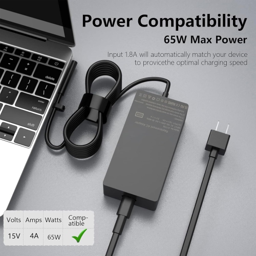 Chargeur Surface Pro - Adaptateur d'alimentation 65 W, compatible avec la Surface Pro/Book/Go Tablet 9 8 7+ 6 5 4 3 X. Prend en charge