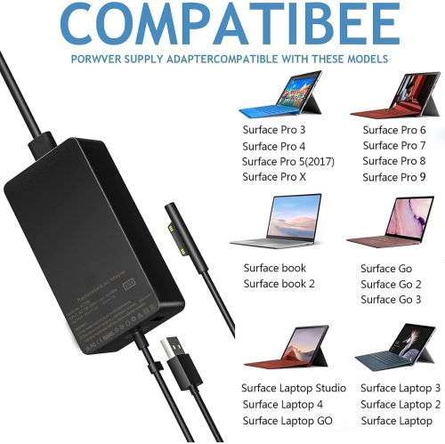 Chargeur Surface Pro - Adaptateur d'alimentation 65 W, compatible avec la Surface Pro/Book/Go Tablet 9 8 7+ 6 5 4 3 X. Prend en charge