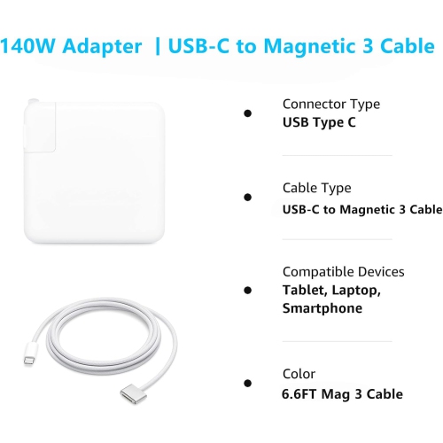 Adaptateur d'alimentation USB-C de 140 W + câble USB-C vers magnétique 3, compatible avec Mac Book Pro/Air 2021-2023 - Nylon tressé de 6,6 pi