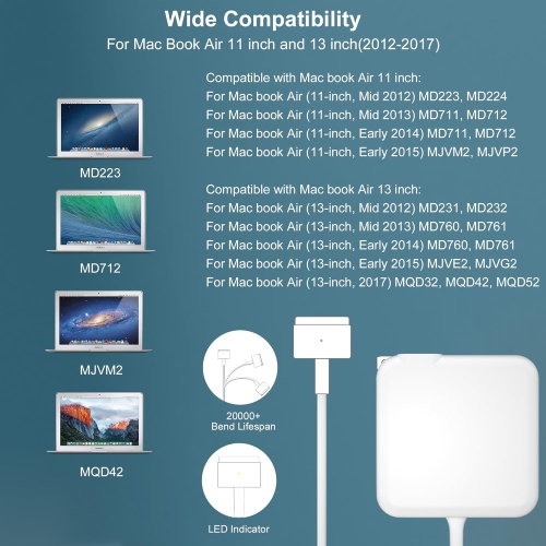 Mac Book Air Charger Replacement, Replacement for Mac Book Air 45W T-Tip Shape Connector Power Adapter, Laptop Charger for Mac Book Air 11 inch and