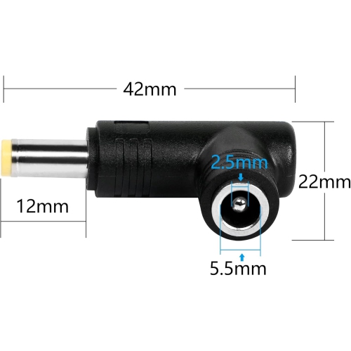RIIEYOCA 90 Degree 240 Watt DC Power Connector Adapter, 5.5mm x 2.5mm Female Plug to 5.5mm x 2.1mm Male Jack, for Laptop Power Connection