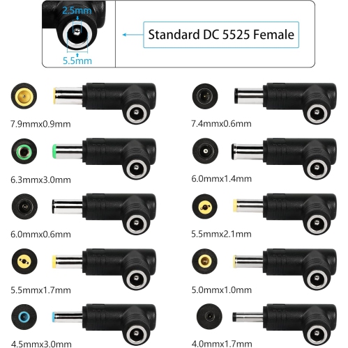 RIIEYOCA 90 Degree 240 Watt DC Power Connector Adapter, 5.5mm x 2.5mm Female Plug to 5.5mm x 2.1mm Male Jack, for Laptop Power Connection