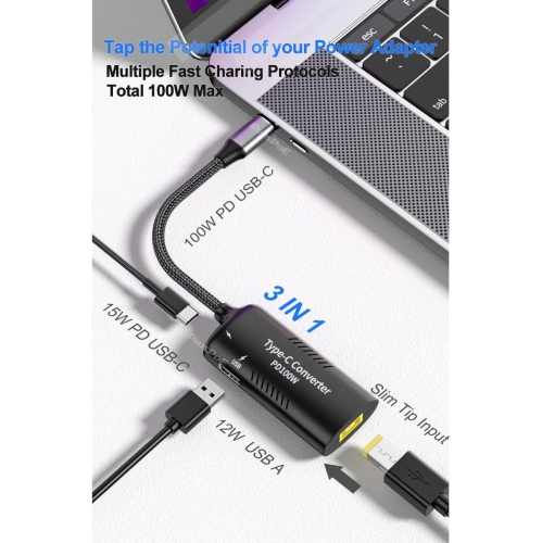 USB C to Slim Tip Adapter, PD3.0 Fast Multi-Port Charging for Lenovo Thinkpad, MacBook, Chromebook