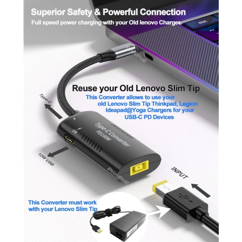 USB C to Slim Tip Adapter, PD3.0 Fast Multi-Port Charging for Lenovo Thinkpad, MacBook, Chromebook