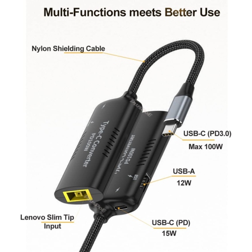 USB C to Slim Tip Adapter, PD3.0 Fast Multi-Port Charging for Lenovo Thinkpad, MacBook, Chromebook