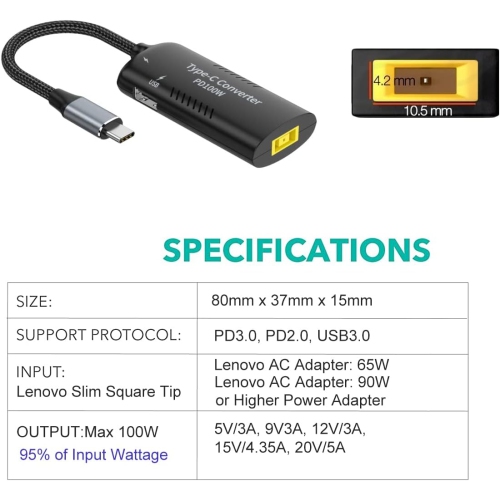 USB C to Slim Tip Adapter, PD3.0 Fast Multi-Port Charging for Lenovo Thinkpad, MacBook, Chromebook