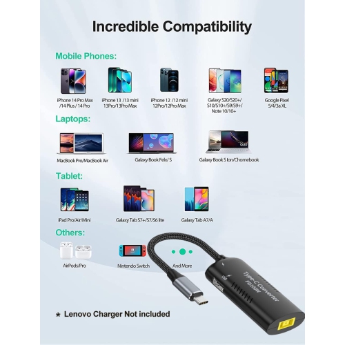 USB C to Slim Tip Adapter, PD3.0 Fast Multi-Port Charging for Lenovo Thinkpad, MacBook, Chromebook