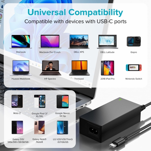 Chargeur USB-C Chargeur 65&nbsp;W pour Chromebook Remplace Lenovo Yoga ThinkPad HP Spectre Dell Latitude Acer ASU Samsung Google Pixel Huawei