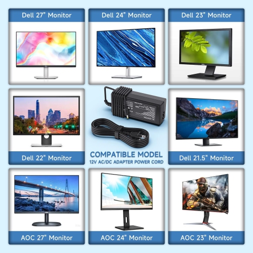 12V AC/DC Adapter Power Cord Charger for Sceptre EC Series Monitor 32 27 24 22 20 E225W E205W E248 Dell 22 23 24 Screen LED LCD TV S2340M ADP-40DD B