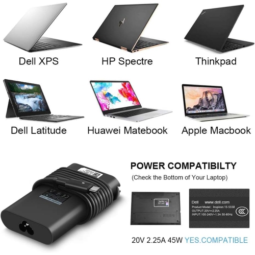 Chargeur pour ordinateur de Dell Adaptateur USB-C pour portable : Dell XPS 13 9360 9365 9370 9333 9380 Inspiron 14 7437 Latitude 7390 7275 7370