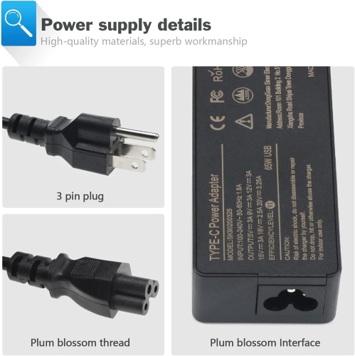Chargeur USB-C de 65 W pour portable de HP; Chromebook Yoga ThinkPad X1 de Lenovo; Mac Book Pro DE DELL avec cordon d'alimentation à chargement