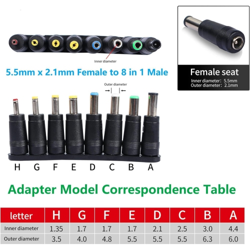 Laptop DC Power Adapter 8-in-1 Universal DC Plug 5.5mm x 2.1mm Female to Male Adapter Connector with DC 5.5 x2.1mm Black Tuning Fork Cable 22cm/8.67
