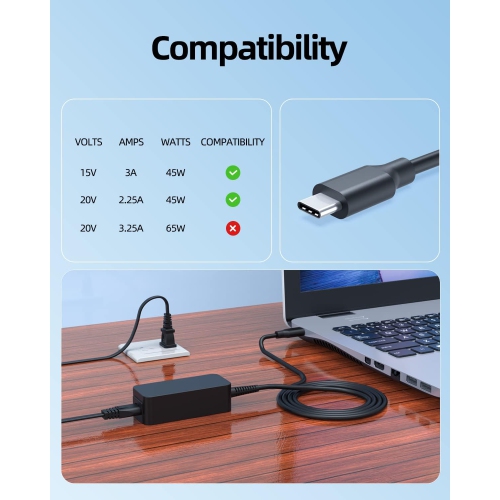 Chargeur Chromebook d'45 W pour tous les portables Chromebook, connecteur USB-C, chargement haute vitesse, cordon d'alimentation prolongé,