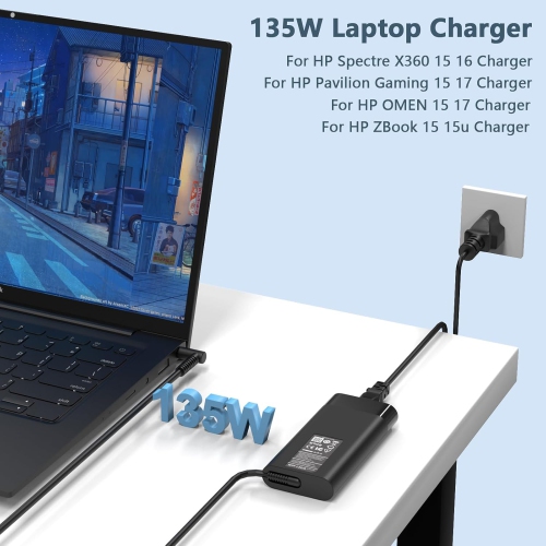 135W Laptop Charger for HP Spectre X360 15 16 15-ch000 15-df0000 15-df1000 15-eb0000 16-f0000 16-f1000 16-f2000 Laptop for HP Pavilion Gaming 15 17