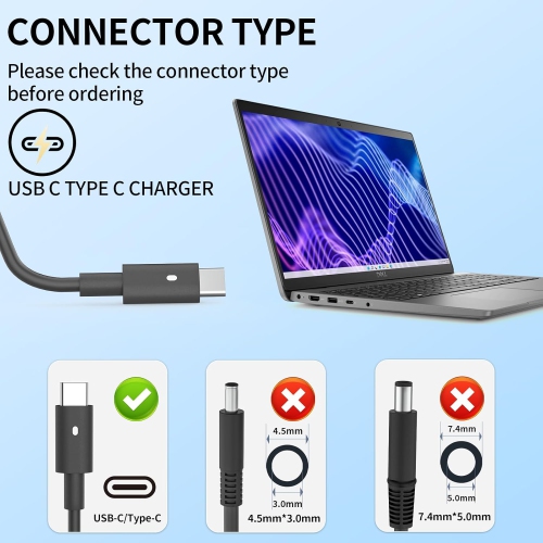 Chargeur de portable USB-C de 65 W conçu pour les ordinateurs Latitude 5440 5540 5420 5520 7420 5430 7430 7330 7340, Chromebook 3100 XPS 13 de type C