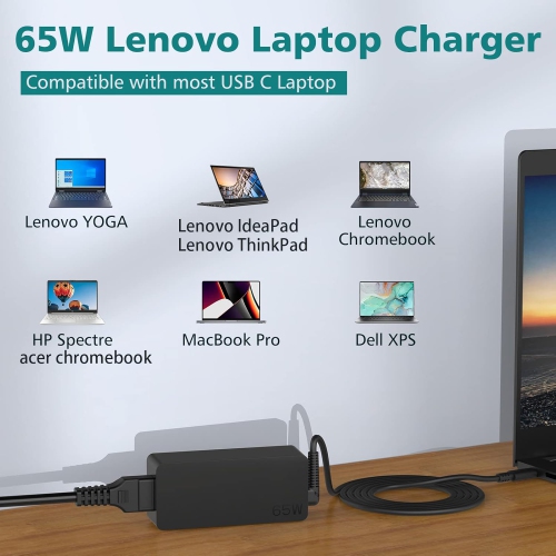 65W USB C Laptop Charger for Lenovo ThinkPad X1 T480 T490 T580s E580 E585 E590 E595 Chromebook C330 S340 300e 500e Yoga 940 930 920 730 Latitude XPS,