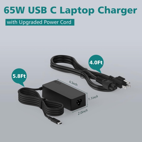 65W USB C Laptop Charger for Lenovo ThinkPad X1 T480 T490 T580s E580 E585 E590 E595 Chromebook C330 S340 300e 500e Yoga 940 930 920 730 Latitude XPS,