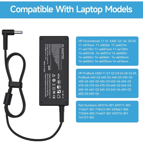65W 45W Laptop Charger for HP Envy 13 15 17 M6 M7 X360, Pavilion x360, Spectre, Stream 11 13 14, Elitebook 840, ProBook, Notebook 15 Series AC