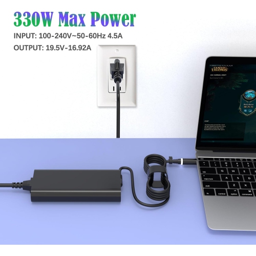 330W 19.5V 16.92A Slim GaN AC Charger for Dell Alienwar X51 X17 R1 R2 M17 R3 R4 M18x R1 R2 R3 Area-51m R1 R2 P45E P48E P38E ADP-330AB D DA330PM111
