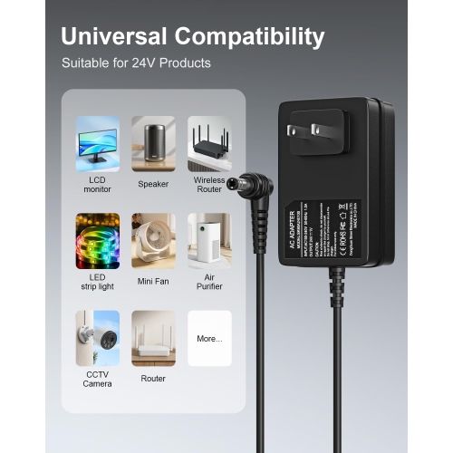 24V 1A 24W DC Power Supply Adapter 100V-240V AC to DC 24 Volt 1 Amp Converter 24 vdc 1000mA 800mA 600mA 400mA 200mA with 5.5mm x 2.1mm Plug for LED