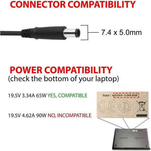 65W 19.5V 3.34A Laptop Charger AC Adapter Power Supply for Dell Chromebook 11 3180 3181 P22t HA65NS5-00 DA65NM111-00 LA65NS2-01 7.4 * 5.0mm Round Tip