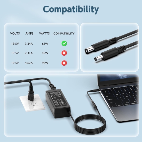 65 W – Chargeur d'adaptateur CA 45 W pour Dell Inspiron série 11 13 14 15 17 3000 5000 7000 5570 5558 5559 7506 5368 2 en 1 Latitude E5470
