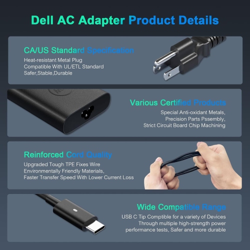 65W Dell Laptop Charger USB C for Dell Latitude 5520 5420 7420 7400 7320 7275 7390 2-in-1 Chromebook 11 3100 XPS 13 12 15 9360 9370 Inspiron Vostro