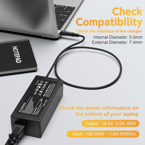 Adaptateur c.a. de 65 W pour ordinateur portable HP Pavilion G4 G6 G7 DV7 DV6 DV5 G72 G71 G61 G62 DM4&nbsp;HP 2000-2B09WM 2000-2A20NR 2000-2b19wm