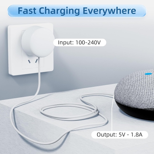 Replacement 5V AC Charger Power Supply Cable, Compatible with Google Home Mini Speaker, 5FT Micro USB Power Supply Cord, 5V 1.8A, White, Long