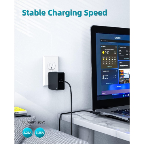 65W 45W Charger for Lenovo Laptop, Ideapad 3 330 320 310 330S S340 S145,, Round Tip, Retractable Prongs, Charge Indicator LED, 7.5Ft Cable