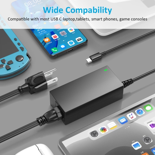 Universal 65&nbsp;W Chargeur USB-C pour portable Bloc d'alimentation Chromebook portatif de type C Adaptateur c.a. Cordon d'alimentation pour Asus