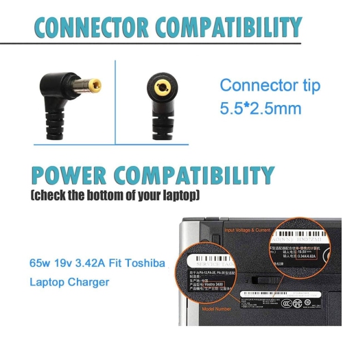 65W Laptop Adapter Power Charger for Toshiba Satellite C55 C655 C850 C50 L755 C855 L655 L745 P50 C855D C55D S55;Portege Z30 Z930 Z830;Satellite