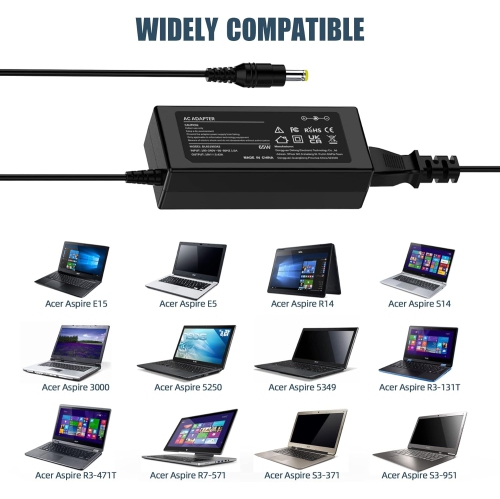 19V 3.42A 65W Laptop Charger Adapter for Acer Aspire E15 E1-532-2635 E1-571 E1-531 E3 E5 E5-511 E5-571 E5-573 E5-573G E5-575 E5-576G E5-575G E5-521
