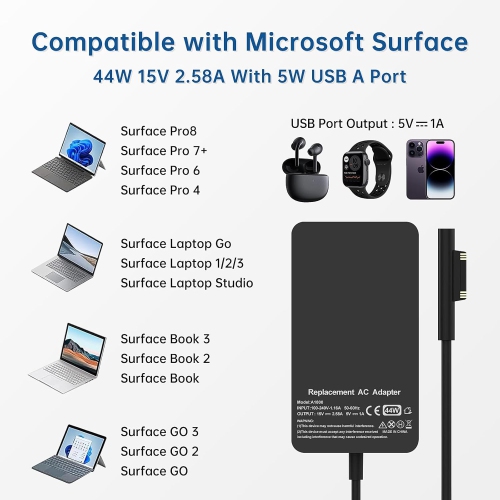 44W 15V 2.58A Surface Charger Power Supply AC Adapter Charger for Microsoft Surface Pro 8/7+/6/5/4/3 Laptop 3/2/1 Surface Go 2/1 with 5V 1A USB