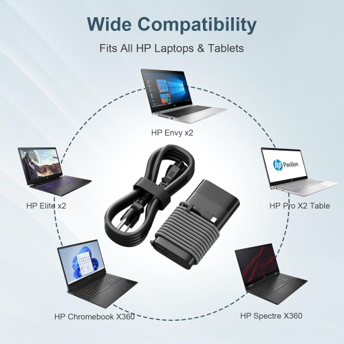 New Slim HP 65W USB C Laptop Charger Replacement for HP Spectre x360, Envy, Chromebook, Elitebook, Pavilion x360, Elite x2 Travel Type C Power Cord