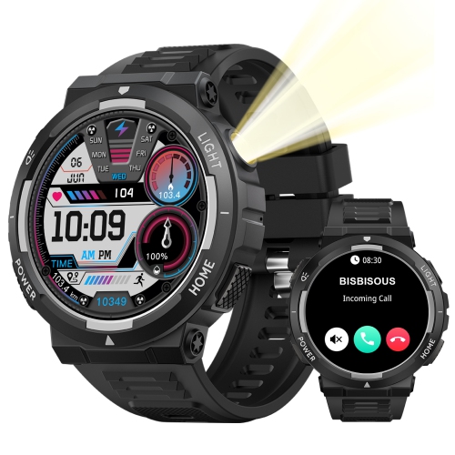 BISBISOUS  Smartwatch 1.53" Military 3Atm Waterproof-400 Mah Ultra Long Battery Life-Led Flashlight-Heart Rate Sleep Monitor-Black