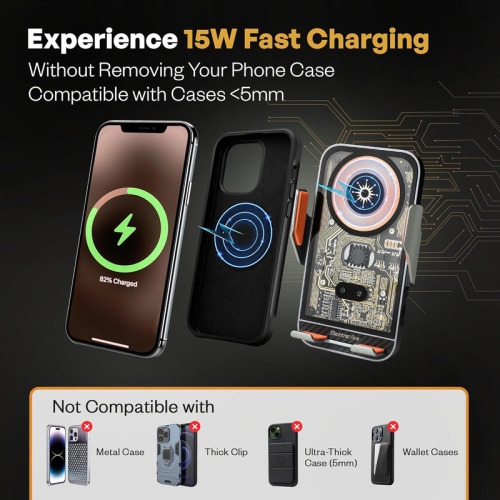 Wireless Car Charger & Phone Holder, 15W Fast Charging, Auto-Clamping, Qi-Certified, Universal Air Vent Mount, Compatible with iPhone, Galaxy &