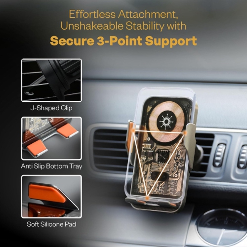 Wireless Car Charger & Phone Holder, 15W Fast Charging, Auto-Clamping, Qi-Certified, Universal Air Vent Mount, Compatible with iPhone, Galaxy &