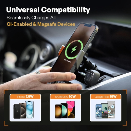 Wireless Car Charger & Phone Holder, 15W Fast Charging, Auto-Clamping, Qi-Certified, Universal Air Vent Mount, Compatible with iPhone, Galaxy &