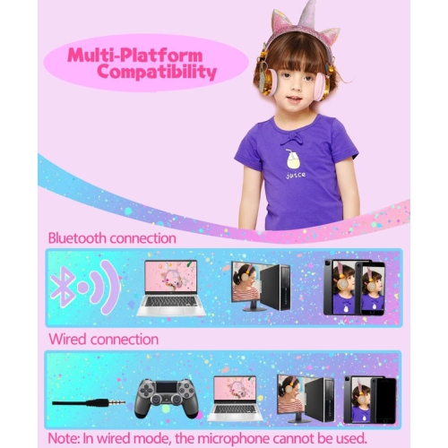 Unicorn Kids Bluetooth Headphones for Girls,Teens,Boys,Wireless Cat Headset for Smartphones Tablet Laptop PC TV,with Mic and Adjustable