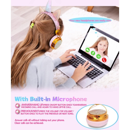 Unicorn Kids Bluetooth Headphones for Girls,Teens,Boys,Wireless Cat Headset for Smartphones Tablet Laptop PC TV,with Mic and Adjustable